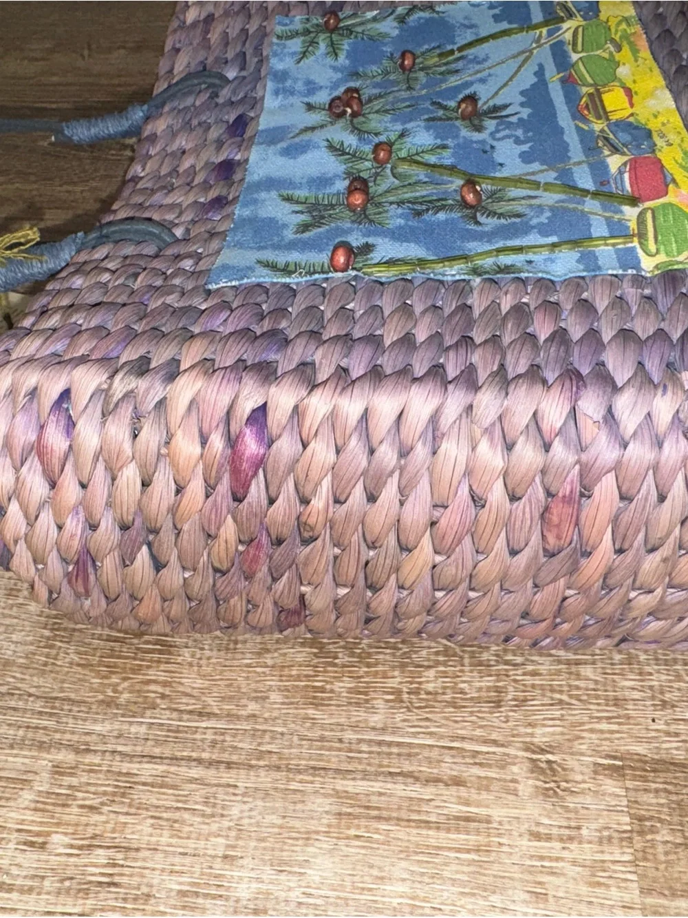 Handwoven Purple Straw Tote Bag with Tropical Print Panel